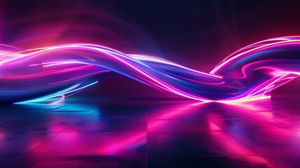 Three dimensional render. Abstract neon background. Fluorescent lights glowing in the darkroom with reflections on the floor. Virtual dynamic ribbon. Panoramic wallpaper. Energy concept. - obrazy, fototapety, plakaty