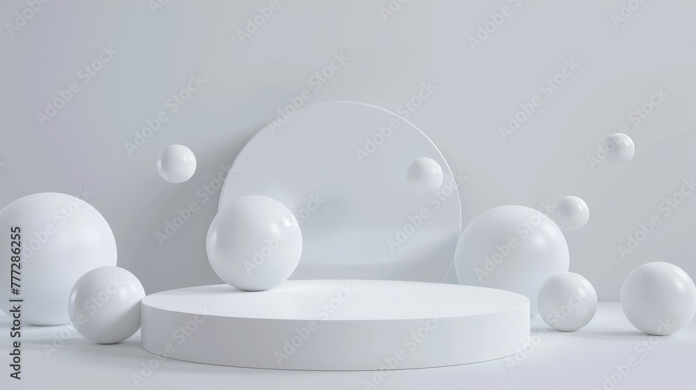 Poster the background of this 3d render is an abstract white futuristic background with floating balls and 