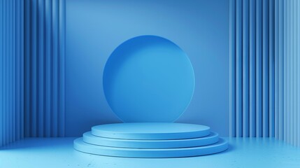 Render is an abstract blue background, with an empty stage with cylinder steps, a vacant pedestal, and a copy space for a product stand. A mockup with a premium design, minimal layout, and a blank