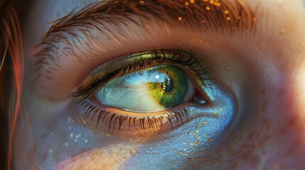 eyes close up photorealistic cinematic blue and gold colours