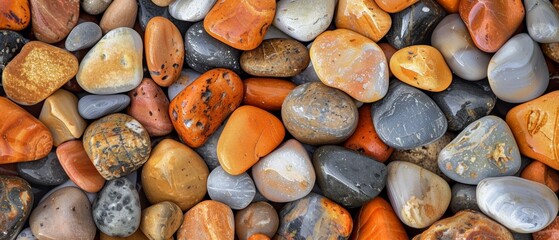 Sunlit polished pebbles in warm shades ranging from white to deep orange, casting soft reflections.