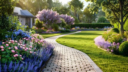 modern private country garden, landscape design, roses, lilac, lawn, clinker paving