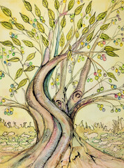 Tree of life with doodled leaves and fruit. The dabbing technique near the edges gives a soft focus effect due to the altered surface roughness of the paper. - 777286817