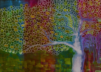 Tree of life in the garden of Eden. The dabbing technique near the edges gives a soft focus effect due to the altered surface roughness of the paper. - 777287007