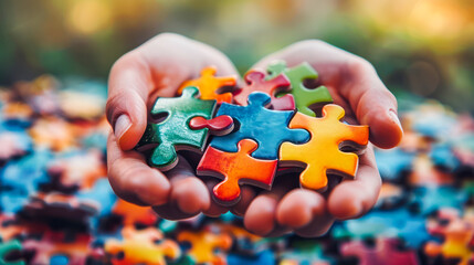 Child Holding Colorful Puzzle Pieces Autism Symbol Outdoors on a Blurry Background