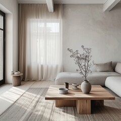 Minimalist Japandi living room essentials featuring a sleek wooden coffee table