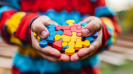 Child Holding Colorful Puzzle Pieces Autism Symbol Outdoors on a Blurry Background