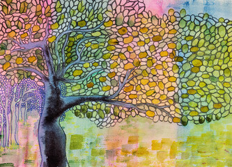 Tree of life with doodled leaves. The dabbing technique near the edges gives a soft focus effect due to the altered surface roughness of the paper. - 777287272