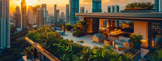 Naklejka premium Twilight over Bangkoks skyline, panoramic view of the city at sunset