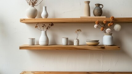 Japandi wooden wall shelves with a mix of Scandinavian and Japanese decor items - obrazy, fototapety, plakaty
