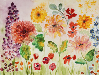 Garden painting with a lot of colorful flowers. The dabbing technique near the edges gives a soft focus effect due to the altered surface roughness of the paper. - 777287828