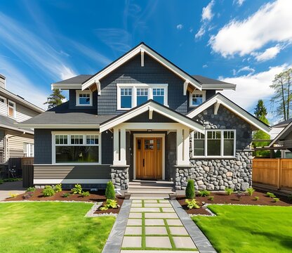 A photo of an elegant craftsman style home with gray and white walls, 