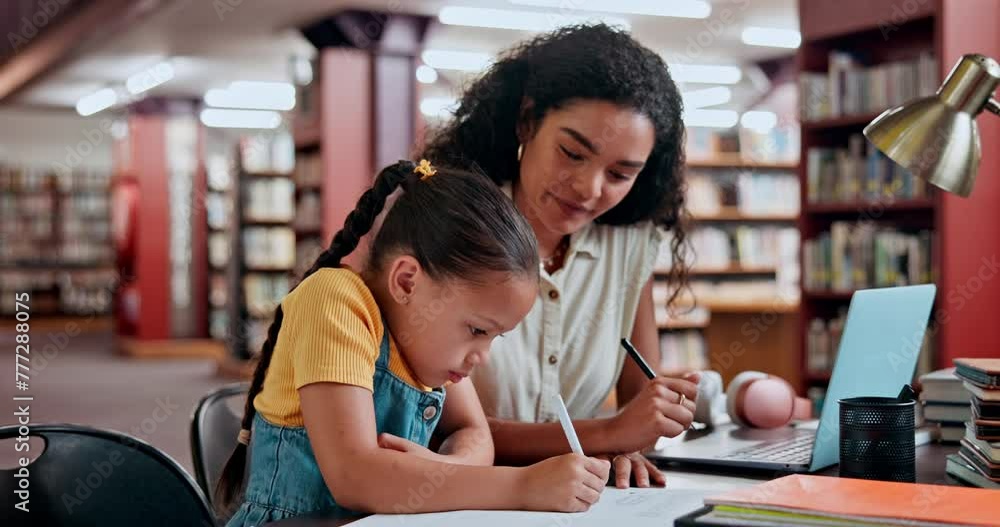 Poster mother, child and library for writing homework or education learning for tutor lesson, school or hel