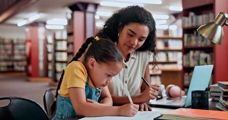 Mother, child and library for writing homework or education learning for tutor lesson, school or helping. Woman, kid and studying at desk for knowledge development with notebook, alphabet or teaching - Powered by Adobe