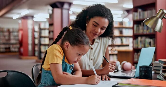 Mother, child and library for writing homework or education learning for tutor lesson, school or helping. Woman, kid and studying at desk for knowledge development with notebook, alphabet or teaching