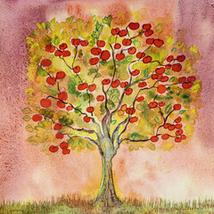 Painting of tree with bright red apples. The dabbing technique near the edges gives a soft focus effect due to the altered surface roughness of the paper. - 777288209
