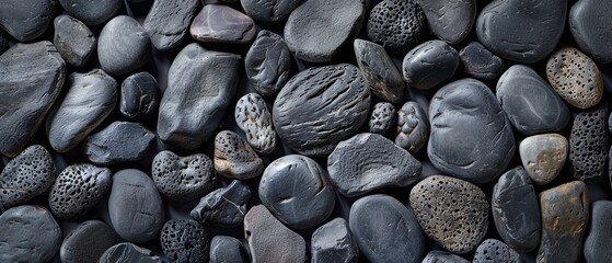 An expansive backdrop of dark, volcanic pebbles and rocks with varied shapes, textures and tones, creating a striking and rugged natural scene. - obrazy, fototapety, plakaty