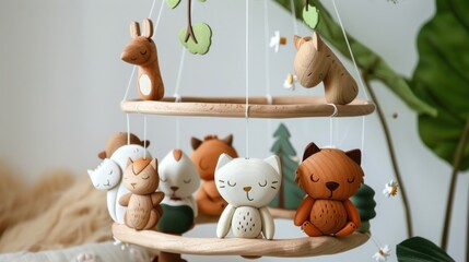 Handmade wooden baby mobile with whimsical forest animals