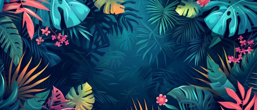 This summer tropical jungle background modern features exotic plants, monstera, flowers, palm leaves and grungy textures. This illustration can be used to design a poster or cover for a book, or