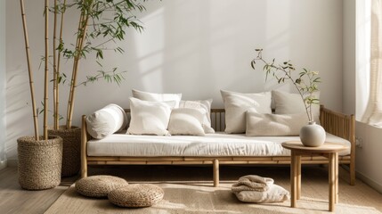 Fototapeta na wymiar Cozy Japandi living space featuring a low-profile sofa with soft