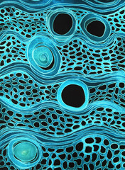 Glowing cells in turquoise and blue on a dark background. The dabbing technique near the edges gives a soft focus effect due to the altered surface roughness of the paper. - 777289615