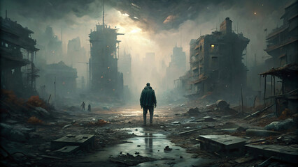 Man walking on post apocalyptic scene, dramatic, emptiness
