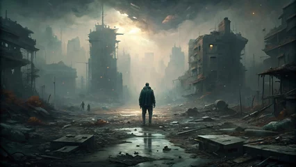 Foto op Canvas Man walking on post apocalyptic scene, dramatic, emptiness © Uncle-Ice