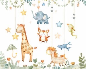 A whimsical watercolor illustration of a baby mobile with gentle animals floating