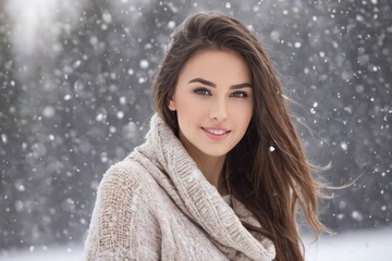 Pretty young woman in sweater with long hair without a hat enjoying snowfall. Bokeh background. Generative AI