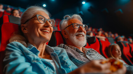elderly man and woman watching a movie in a cinema laughing, rejoicing