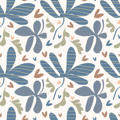 Seamless pattern with abstract floral elements. Textured by stripes, dots. zigzags, scribbles. Natural colors. for textile, wrapping paper, wallpaper
