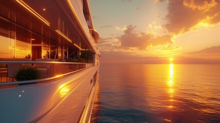 Obraz premium A boat on the ocean with a sunset in front of it, AI