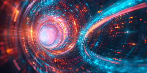 data tunnel in cyberspace, with glowing binary code , high-speed information transfer concept, galactic plane slices,celestial equator ,ecliptic, the path of the Sun on the sky, space galactic economy - obrazy, fototapety, plakaty
