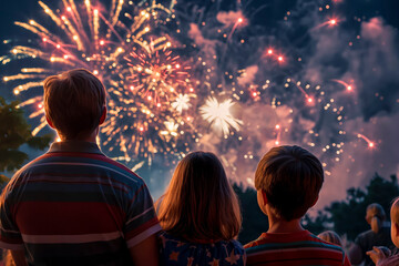 Fototapeta na wymiar family watching beautiful fireworks. Holiday fireworks for the 4th of July, fireworks in a small town, fireworks for American independence day