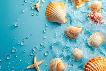 Travel background with seashells and water drops