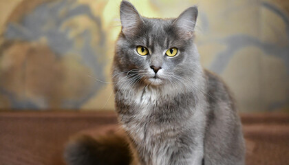 Grey and white cat itting in front of white background