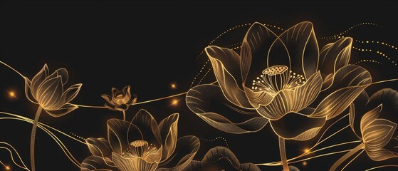 Decorative gold lotus flower background modern illustration. Natural botanical elegant flower with gold lines. Design illustration for wall decor, wallpaper, covers, banners, posters, greeting cards, - obrazy, fototapety, plakaty