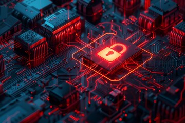 3D rendering with a red glowing security pad icon placed on a circuit board background. It symbolizes concepts related to digital technology and data protection.
