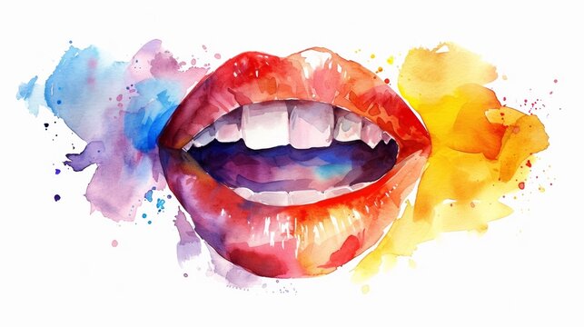 A watercolor painting of a mouth with painted lips, AI