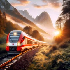 red and white commuter train driving through beautiful nature at sunrise. Generative ai  - obrazy, fototapety, plakaty
