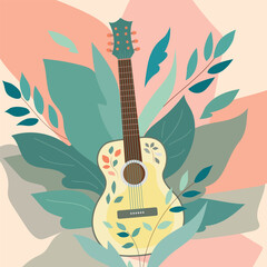 Artistic illustration with a six-string pink guitar on a spring background with leaves. For music magazines; holiday, feast, festival, celebration banners; concert banner template; country music, rock