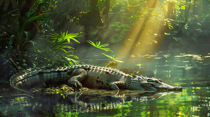 Crocodile on the river bank in the sun - obrazy, fototapety, plakaty