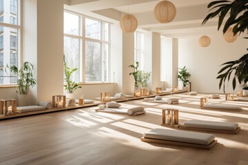 Fototapeta premium Minimalistic bright interior, modern home decor, yoga studio design for relaxation and serenity.