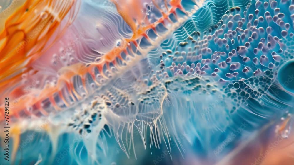 Poster a slice of a fish gill under a microscope displaying a delicate mesh of filaments that facilitate ox