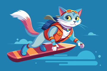 cat flying on hoverboard, 80's back to the future, isolated