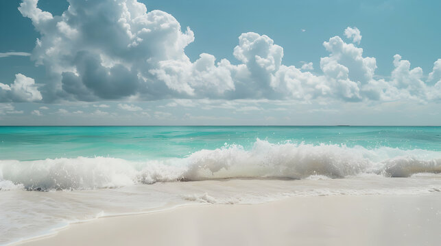 Beautiful sandy beach with white sand and rolling calm wave of turquoise ocean on Sunny day on background white clouds in blue sky