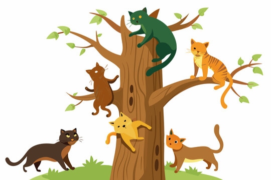 cats climb up a tree trunk,  white background