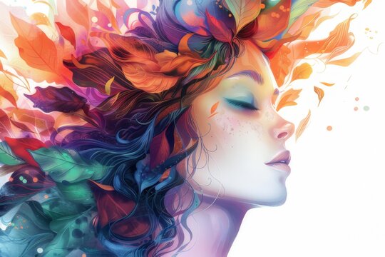 Side view of beautiful young woman with long hair created from leaves and flowers Fantasy illustrations using bright colors