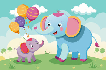 Obraz na płótnie Canvas Baby elephant plays with helium balloons with mother elephant