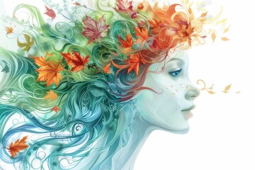 Side view of beautiful young woman with long hair created from leaves and flowers Fantasy illustrations using bright colors